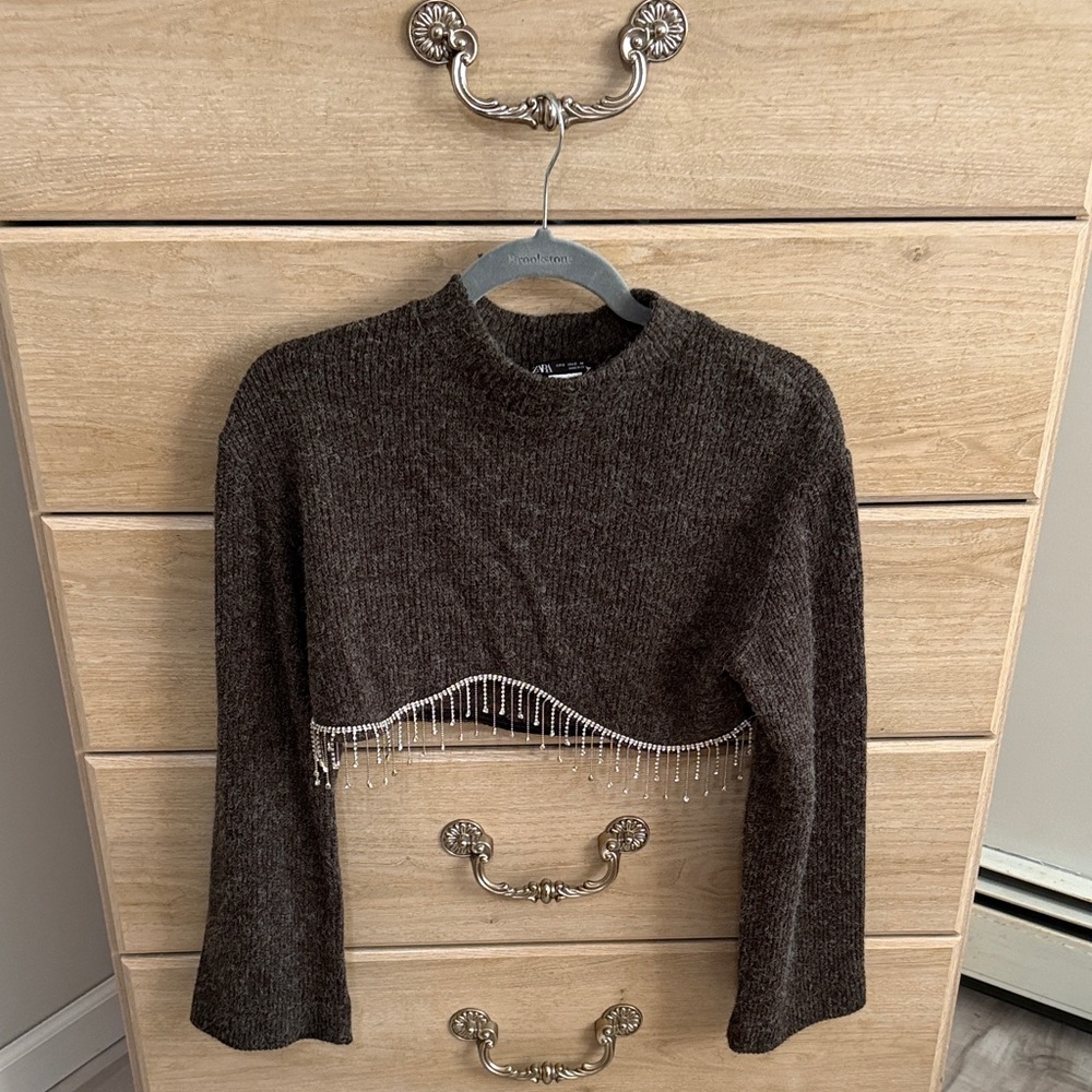 Chic Gray Sweater with Beaded Fringe